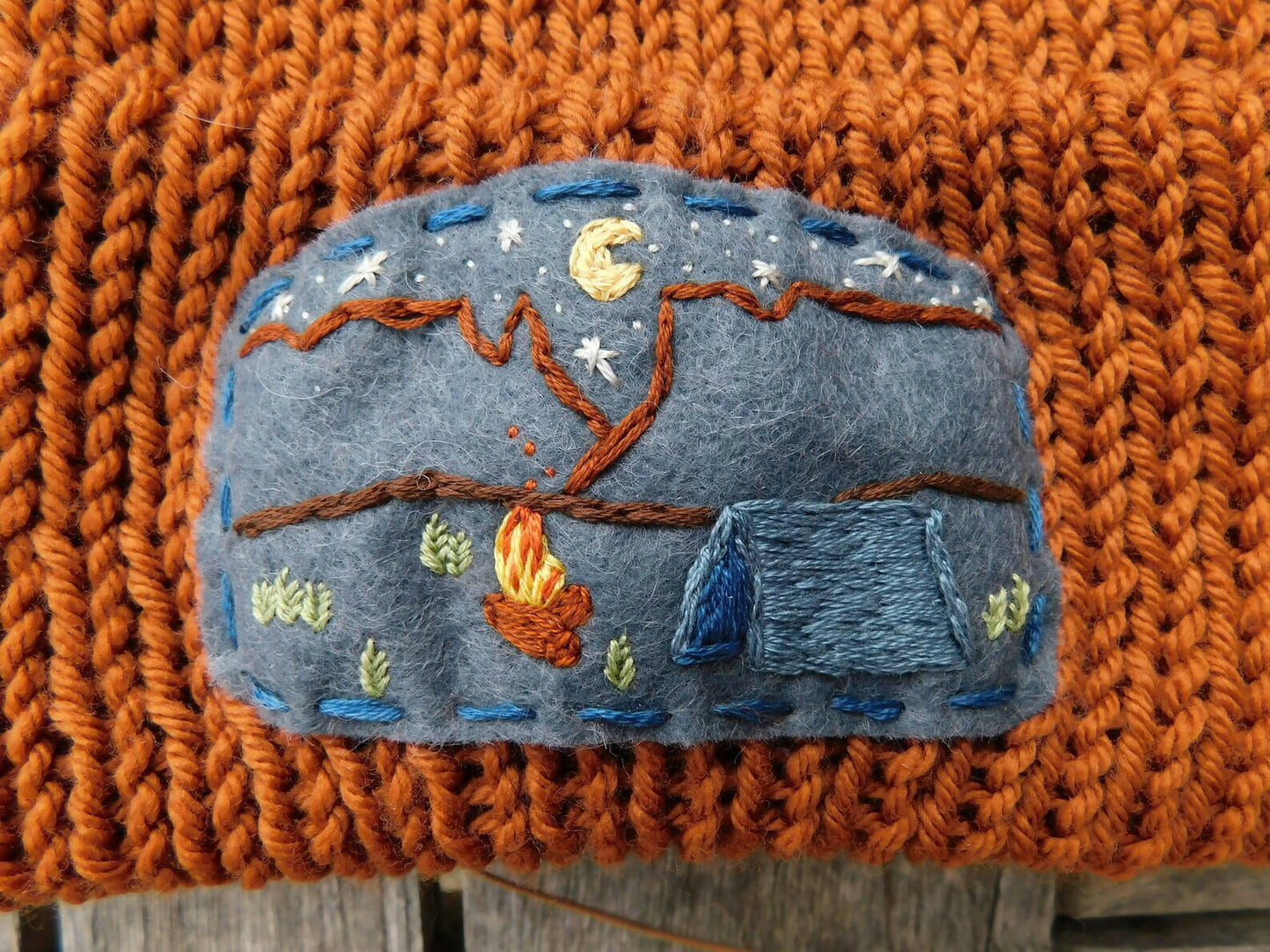 Hand Knit Beanie Featuring a Nightscape Desert Patch
